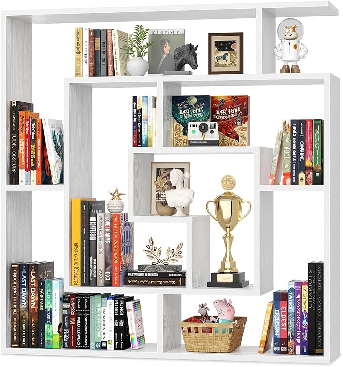Armocity 6 Tier Display Book Shelf Wall Mounted Bookshelf Freestanding Geometric Bookcase Floating Book Shelves for Wall Bedroom Living Room Home Office, 45.5"(W) * 47"(H), White