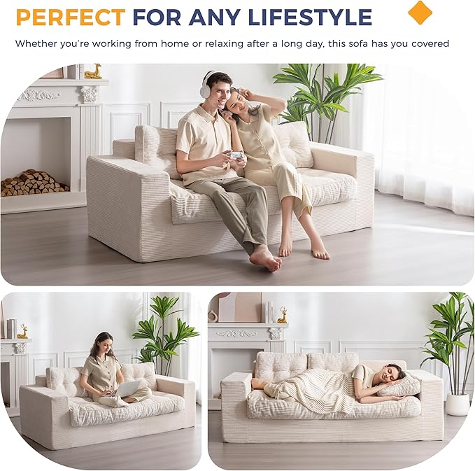 MAXYOYO 3 Seater Couch for Living Room, Boneless Couch with Tufted Cushion & Backrest, Upholstered Floor Sofa with Armrests, Sofa in A Box, No Assembly Required, Beige