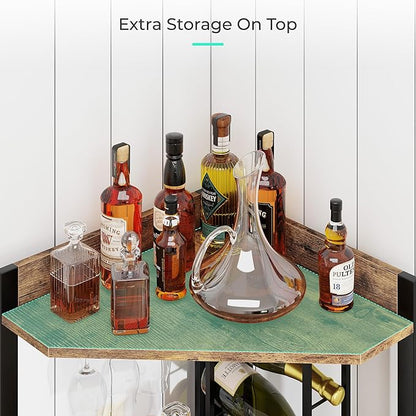 63” Corner Bar Cabinet with Wine Rack, 5-Tier Farmhouse Liquor Cabinet with Glass Holder, Adjustable Shelves & Barn Door, Rustic Brown Home Bar Storage for Living Room & Kitchen