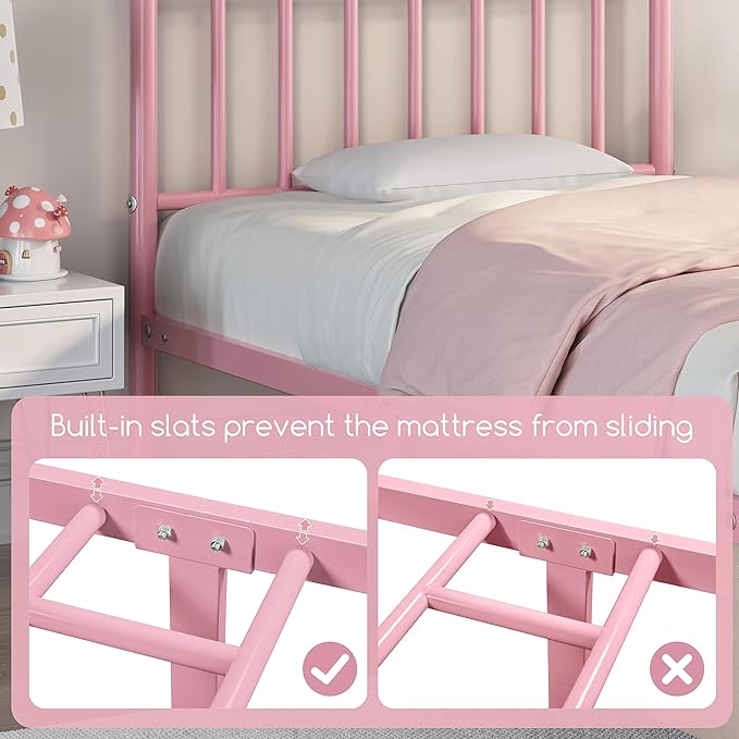 Yaheetech Twin Size Bed Frame Metal Platform Bed Frame Mattress Foundation with Spindle Headboard & Footboard/No Box Spring Needed/14 Inch Underbed Storage/Firm Support & Easy Set up Structure, Pink