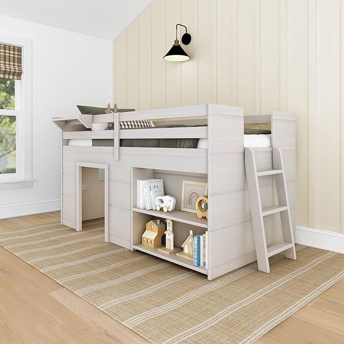 Max & Lily Modern Farmhouse Twin Low Loft Bed with Bookcase - Solid Wood, 15” Guardrails, 400-lb Capacity, Low-VOC Finish, White Wash