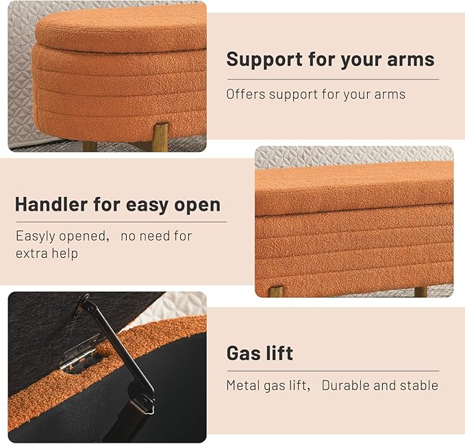 Furniliving 46” Storage Benches, End of Bed Bench with Button-Tufted Large Upholstered Storage Ottoman Teddy Window Bench with Storage Shoe Cabinet Bench, for Bedroom, Entryway, Closet, Orange