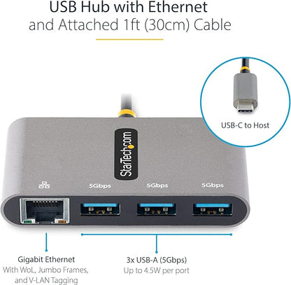 StarTech.com 3-Port USB-C Hub with Ethernet - 3X USB-A - Gigabit Ethernet - USB 3.0 5Gbps - Bus-Powered - 1ft/30cm Long USB Type-C Host Cable - GbE - Portable USB-C to USB-A Splitter (HB30C3A1GEA2)