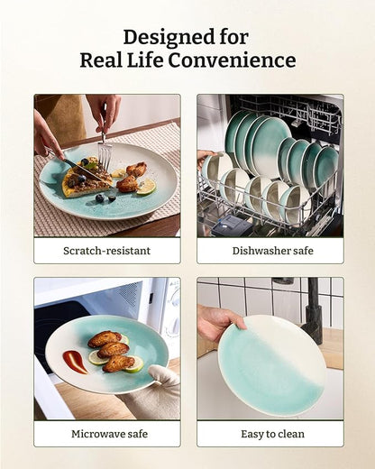 Famiware Glacier Stoneware Dinnerware Sets, Plates and Bowls Sets, 12 Pieces Kitchen Dishes Set for 4 - Dishwasher and Microwave Safe, Chip and Scratch Resistant, Aqua