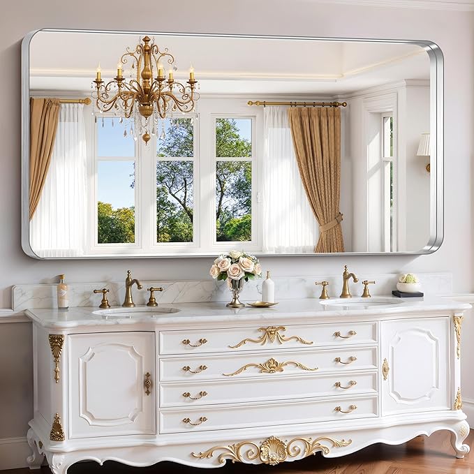 FORBATH 72x36 Inch Oversized Bathroom Mirror for Double Sinks, Brushed Silver Deep Frame Full Length Wall Mirror with Rounded Corners, Anti-Rust Tempered Glass (Horizontal/Vertical)