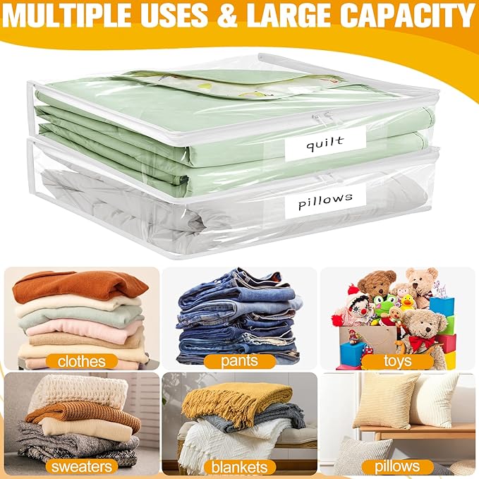 Kikerike Plastic Storage Bags with Easy-Glide Zipper, Pack of 8, Durable Clear Vinyl Zippered Storage Bags for Clothes Sweaters Comforters Blankets Sheets Bedding (15.7 x 13.8 x 3.9 Inch)