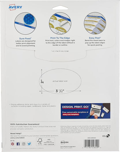 Avery Printable Blank Oval Labels,2" x 3-1/3",Glossy White,80 Customizable Labels (22820),(Pack of 5)