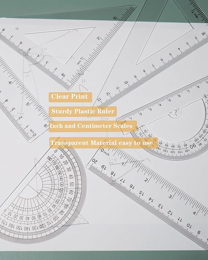 Geometry Set, 6-Piece Clear Plastic Math Ruler, Drafting Ruler Kit Includes Protractor, Triangle Ruler, Straight Ruler-Math Measurement Tools for Students, School and Office Supplies