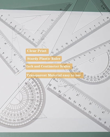 Geometry Set, 6-Piece Clear Plastic Math Ruler, Drafting Ruler Kit Includes Protractor, Triangle Ruler, Straight Ruler-Math Measurement Tools for Students, School and Office Supplies