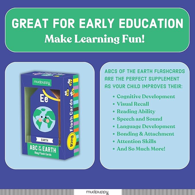 Mudpuppy ABCs of The Earth — Ring Flashcards 26 Durable Double Sided Alphabet Ecological Cards and Reclosable Ring with Colorful Art for Age 1+ Perfect for Preschool Or Travel for Teachers and Parent