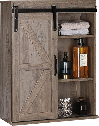 RUSTOWN Farmhouse Wood Wall Storage Bathroom Cabinet with Sliding Barn Door, Rustic Medicine Cabinet with Adjustable Shelf, 3-Tier Vintage Cabinet for Kitchen, Bathroom, Living Room (Washed Oak)