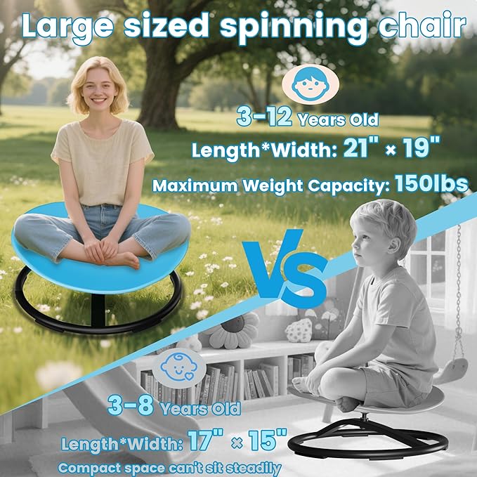 21" L × 19" W Large Size Spinning Chair for Autistic Kids, Toddler Sensory Spinning Chair, Sensory Toys Gifts for Kids with Autism & ADHD, Sit and Spin Training Body Coordination, Azure Rounded Shape