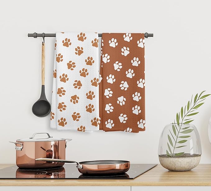 Orange Dish Towels and Hand Towels Set of 2, Cute Dog Paw Print Kitchen and Bath Towels, Dog Gifts, 16×24 Inch