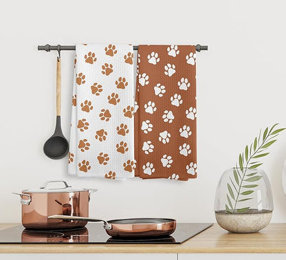 Orange Dish Towels and Hand Towels Set of 2, Cute Dog Paw Print Kitchen and Bath Towels, Dog Gifts, 16×24 Inch