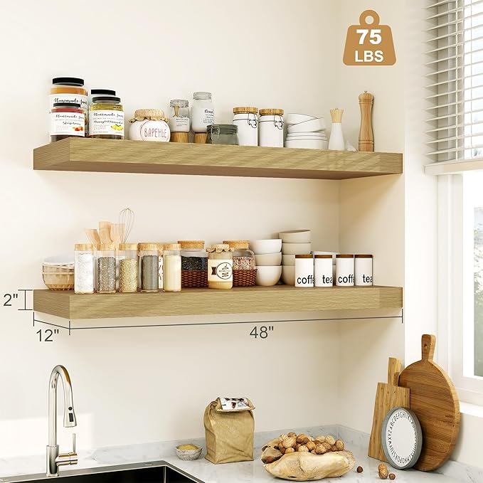 Heimlove Oak Bathroom Shelves Floating Shelves for Wall Shelf Over Toilet Long Wall Mounted Modern Farmhouse,48 x 12 Wall Shelves with Invisible Brackets for Living Room, Kitchen, Bedroom