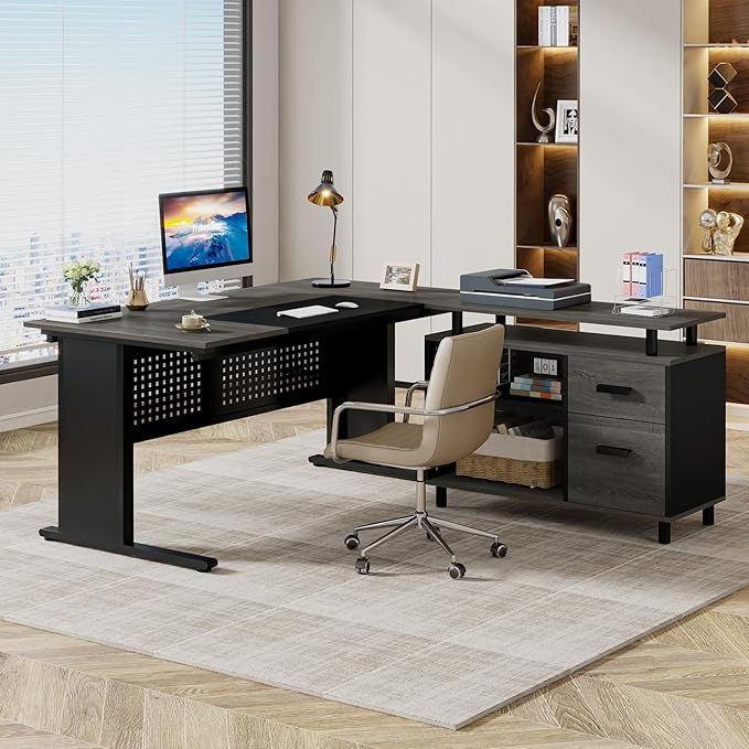 LITTLE TREE Large Computer Desk with File Cabinet, 63 Inch Executive Desk L Shaped Office Desk with Drawers and Storage Shelves, Business Furniture Desk Workstation for Home Office