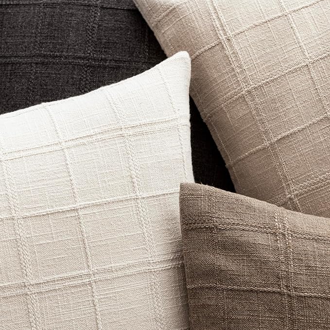 Foindtower Set of 2 Decorative Linen Check Throw Pillow Covers Neutral Farmhouse Vintage Cushion Covers Modern Boho Home Decor for Sofa Chair Couch Bedroom Living Room Outdoor,18×18 Inch,Charcoal
