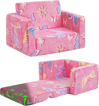 Toddler Chair Comfy,2-in-1 Soft Toddler Couch Fold Out for Kids,Convertible Sofa to Lounger,Gift for Girls and Boys Birthday,Butterfly