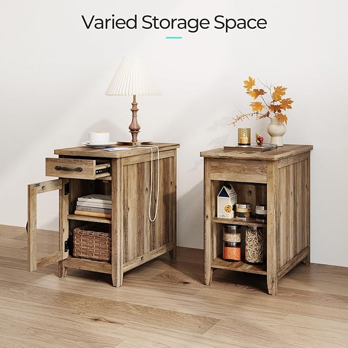 LINSY HOME Farmhouse End Table with Charging Station, Narrow Side Table for Living Room, Sofa Side Table with Drawer and Storage Cabinet, Small Nightstand for Home Office