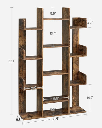 VASAGLE Bookshelf, Tree-Shaped Bookcase with 13 Storage Shelves, Rounded Corners, 9.8”D x 33.9”W x 55.1”H, Rustic Brown ULBC67BXV1