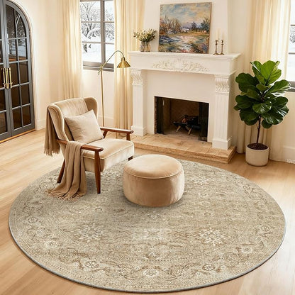 4x4 Round Bedroom Rug Washable: Round Area Rug Stain Resistant Boho Rug Non Slip Low Pile Small Carpet for Living Room Bedroom Kitchen Entryway Bedside Office Dorm Kids Room Entrance