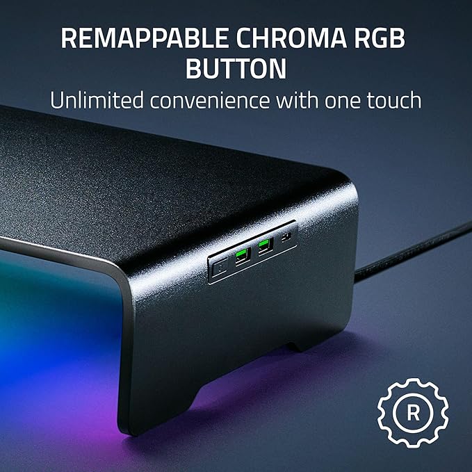Razer Monitor Stand Chroma: 4 Port Hub - USB A 3.2, USB C 3.2, HDMI 2.0 - Ergonomic Height - Durable Aluminum Supports Up to 44 lbs - Organize Storage Shelf - Remappable RGB Buttons - Chroma RGB