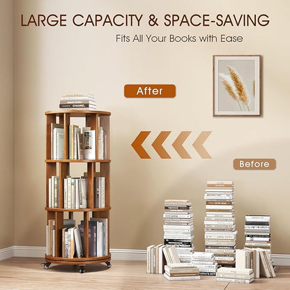 3 Tier Rotating Bookshelf Tower Spinning Bookshelf with Swivel Wheels Book Shelf Rotating Storage Tower for Kids Adult Narrow Walnut Solid Wood Revolving Bookcase Organizer for Bedroom Living Room