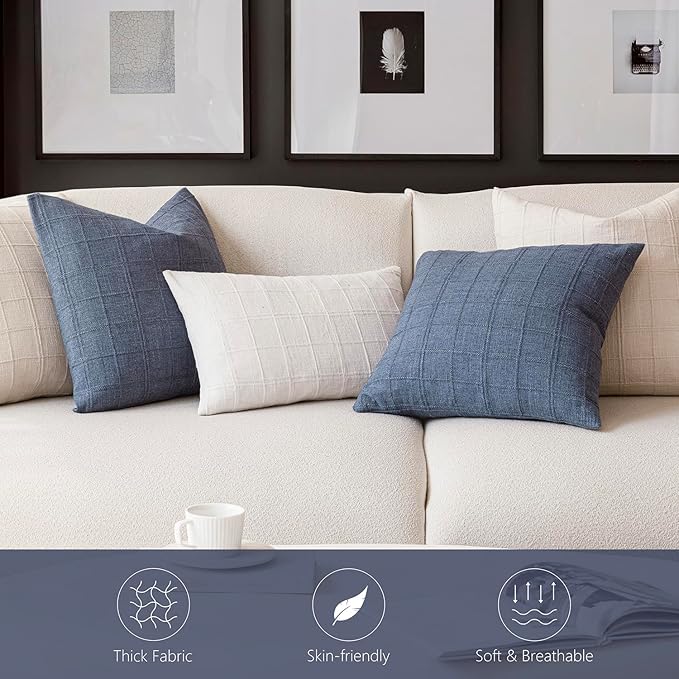 Foindtower Set of 2 Decorative Linen Check Throw Pillow Covers Neutral Farmhouse Vintage Cushion Covers Modern Coastal Boho Home Decor for Sofa Chair Couch Bedroom Living Room Outdoor,26×26 Inch,Blue