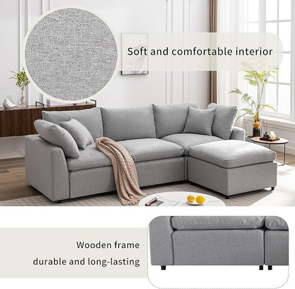 104.3 Inch L-Shaped Modular Sectional Sofa with Reversible Chaise and Pillows, Down Filled Upholstered Convertible Corner Couch for Living Room, Bedroom, Office, Apartment, Light Gray