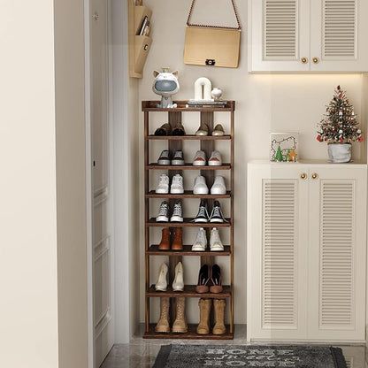 HOMEFORT 7-Tier Wood Shoe Rack, Double Rows Shoe Shelf, Shoe Storage Stand, Entryway Shoe Tower, Vertical Shoe Organizer for Narrow Closet, Entryway, Hallway, Rustic Brown