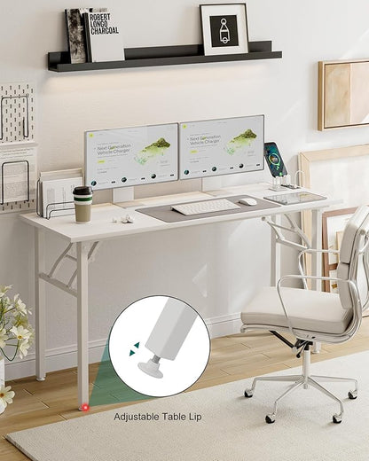 Frylr Small Folding Computer Desk – 55.1 Inch Portable Table for Craft and Study, Lightweight Desk for Small Spaces, Foldable Laptop Table Built-in AC/USB Outlets for Convenience, White