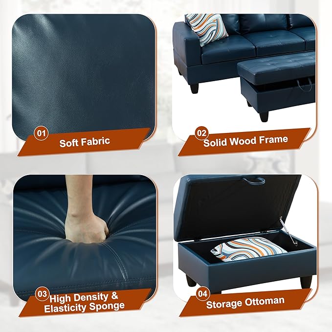 Osparple Sectional Couch PU Leather L Shaped Couch 3 Pieces Modular Sectional Sofa with Storage Ottoman for Living Room and Small Apartment, Peacock Blue