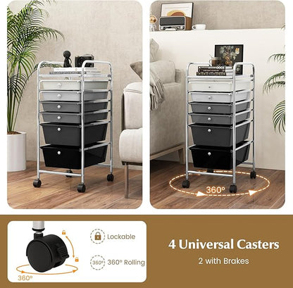 COSTWAY 6-Drawer Rolling Storage Cart, Multifunctional Art Craft Tools Organizer on Wheels, Heavy Duty Utility Mobile Storage Trolley w/ 2 Lockable Wheels for Home Office School, Mixed Black