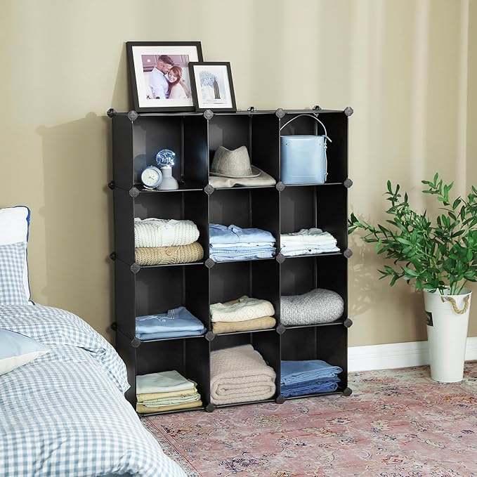 SONGMICS Cube Storage Organizer, Set of 12 Plastic Cubes, Book Shelf, Closet Organizers and Storage, Room Organization, Bedroom Living Room, 12.2 x 36.6 x 48.4 Inches, Black ULPC34BK