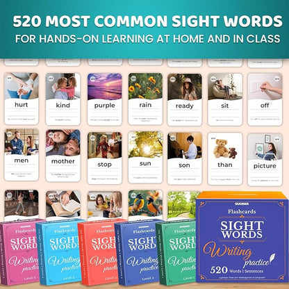 QUOKKA 520 Sight Words Flash Cards for Kids Adults – from Pre-K to 3rd Grade – 5 Levels & Bold Font & Jumbo Size & Dry Erase Cards with Realistic Images & Rings – Based on Dolch & Fry Word Lists