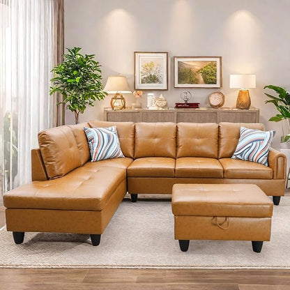 L Shaped Sectional Couches, Leather Couch Modular Sectional Sofa with Ottoman Storage, Modern L Shaped Couch with Chaise for Living Room Bedroom Apartment Furniture, Orange