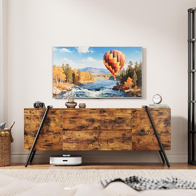GarveeHome 55" Modern TV Stand with 2 Drawers, Adjustable Shelves, U-Shaped Metal Legs, Farmhouse Entertainment Center, Wooden TV Console for Living Room, Bedroom, Amber Oak
