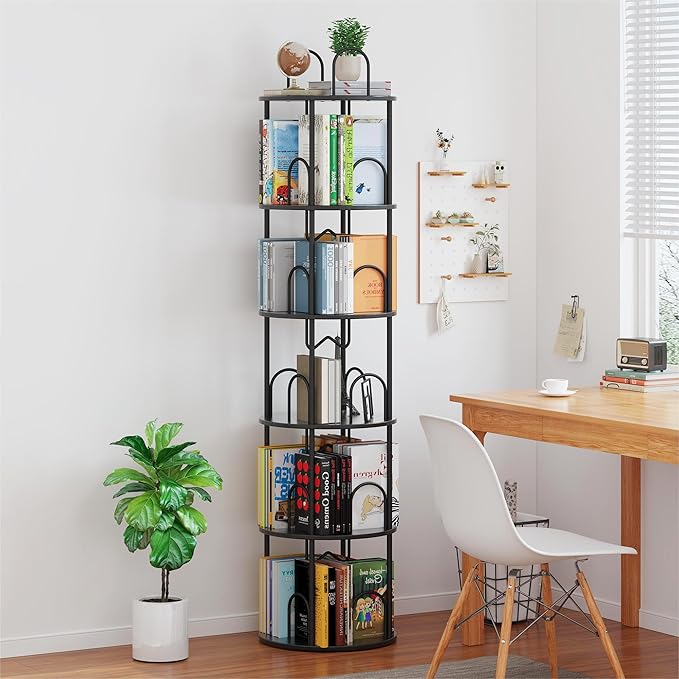 5 Tier Rotating Bookshelf, 360° Spinning Bookshelf Tower, Round Narrow Space Saving for Books and Display, Revolving Bookcase Corner Tall Book Shelf for Small Spaces, Bedroom, Living Room, Black