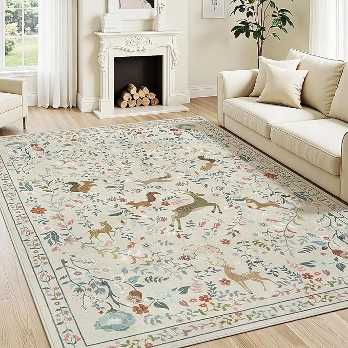 6x9 Area Rugs Washable Rug: Lagre Boho Living Room Rug Soft Non-Slip Thin Carpet Indoor Floor Non-Shedding Neutral Floral Carpets for Bedroom Dining Room Farmhouse Nursery Beige Animal