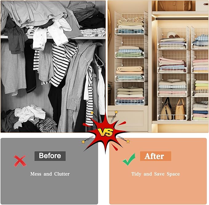 5-Tier Stackable Closet Storage Shelves, Closet Organizers and Storage Basket, Foldable & Stackable Clothes Organizer for Closet Organizer System,Space-Saving Closet Storage Shelf for Home ,White