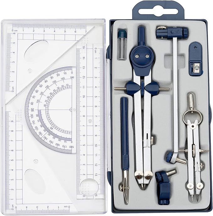 13 Pcs Compass and Protractors Set Math Compass Geometry Tool Metal Geometry Kit Precision Drawing Tool Circle Triangle Ruler Protractor with Storage Case for Kids Architects Engineers Students
