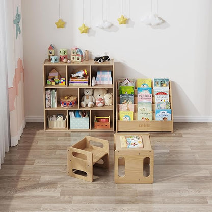 3-Tier Montessori Solid Wood Shelves Toy Organizers and Storage,8-Compartment Storage Cabinet with 4 Wheels,for Toddler Kids Room,Playroom,Classroom,Nursery,Kindergarten