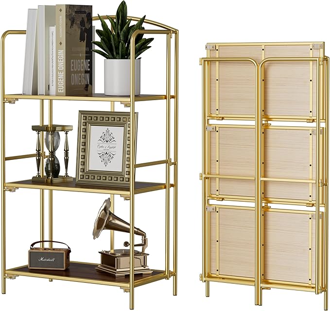 Crofy No Assembly Folding Bookshelf for Living Room, 3 Tier Gold Collapsible Book Shelf for Home Office, Portable Bookcase Storage Organizer