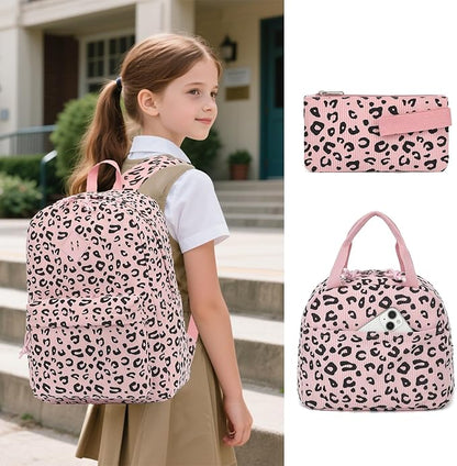 Corduroy Girls Backpack Set, 3PCS School Backpacks for Kids Elementary Middle School Bags with Lunch Box Pencil Case (Pink Corduroy Leopard)