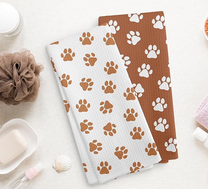 Orange Dish Towels and Hand Towels Set of 2, Cute Dog Paw Print Kitchen and Bath Towels, Dog Gifts, 16×24 Inch