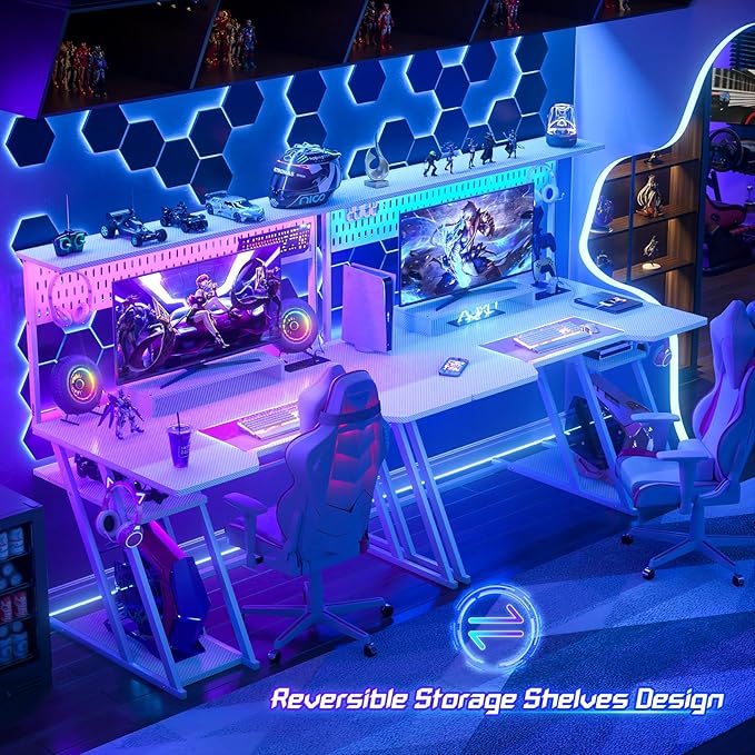 Armocity Gaming Computer Desk with Power Outlets, Gaming Desk with Hutch and LED Lights, Reversible PC Gaming Desk with Pegboard, Carbon Fiber White, 47"