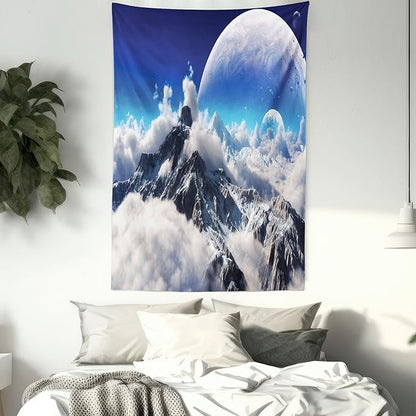 Ambesonne Fantasy Tapestry, Celestial View of Snow Capped Mountains and Alien Planet Print, Fabric Wall Hanging Decor for Bedroom Living Room Dorm, 30" X 45", White and Navy Blue