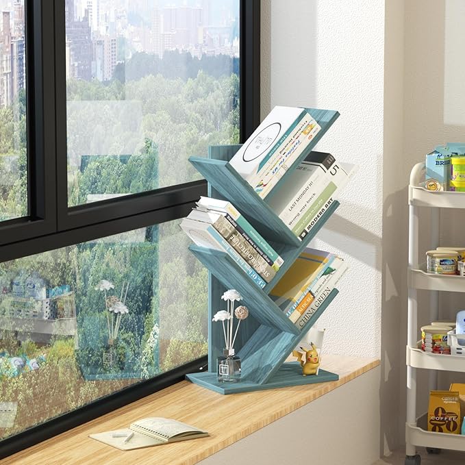 5 Tier Tree Book Shelf, Small Desktop Bookshelf with Storage Organizer, Wood Bookcase, Desk Display Bookshelves, Floor Standing Organizer Bookcases for Living Room,Bedroom,Office-Blue