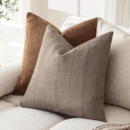 Foindtower Set of 2 Decorative Linen Check Throw Pillow Covers Neutral Farmhouse Vintage Cushion Covers Modern Boho Home Decor for Sofa Chair Couch Bedroom Living Room Outdoor,22×22 Inch,Tan Taupe