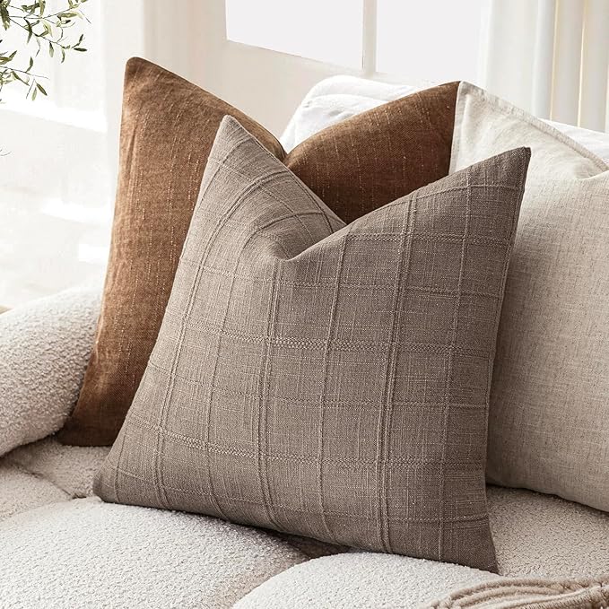 Foindtower Set of 2 Decorative Linen Check Throw Pillow Covers Neutral Farmhouse Vintage Cushion Covers Modern Boho Home Decor for Sofa Chair Couch Bedroom Living Room Outdoor,16×16 Inch,Tan Taupe